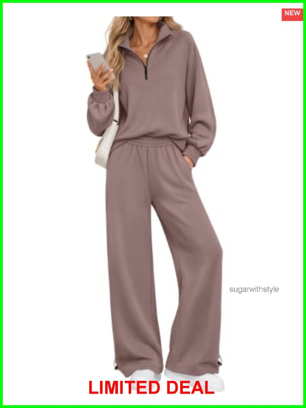 Women's 2 Piece Sweatsuit Quarter Zip Wide Leg Lounge Set Polyester